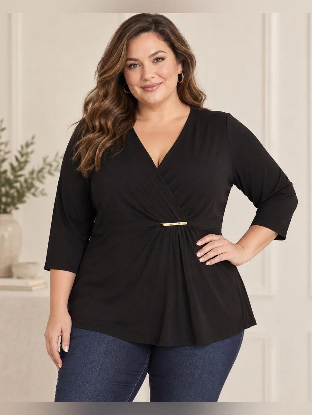 Black Michael Kors blouse with a V-neck, faux-wrap design, and gold bar at the w